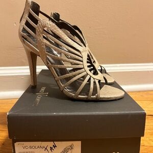 Vince Camuto heels, pale taupe, brushed snake, size 7